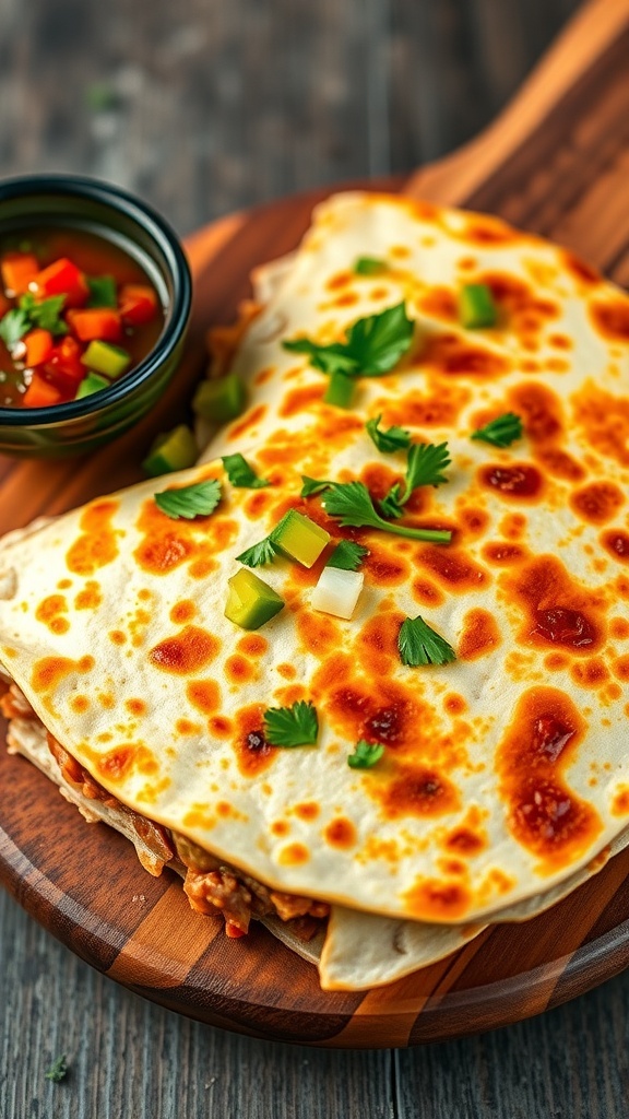 Crispy quesadilla al pastor filled with pork and cheese, garnished with cilantro and onions, served with salsa.